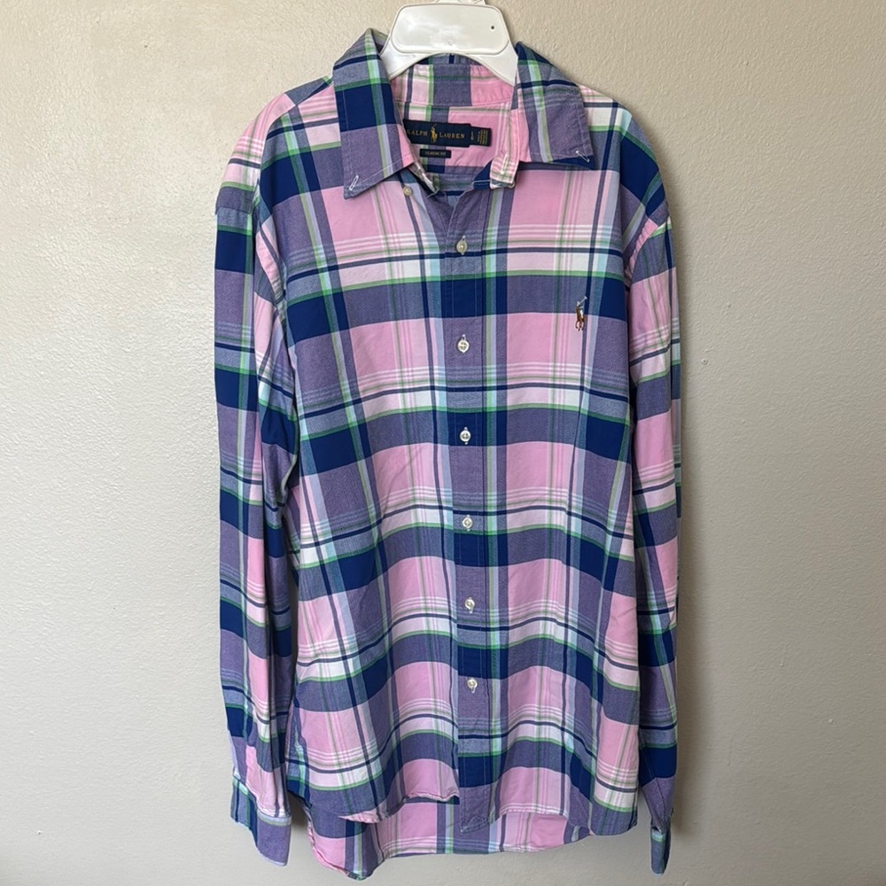 Men's Pink and Blue Plaid Shirt